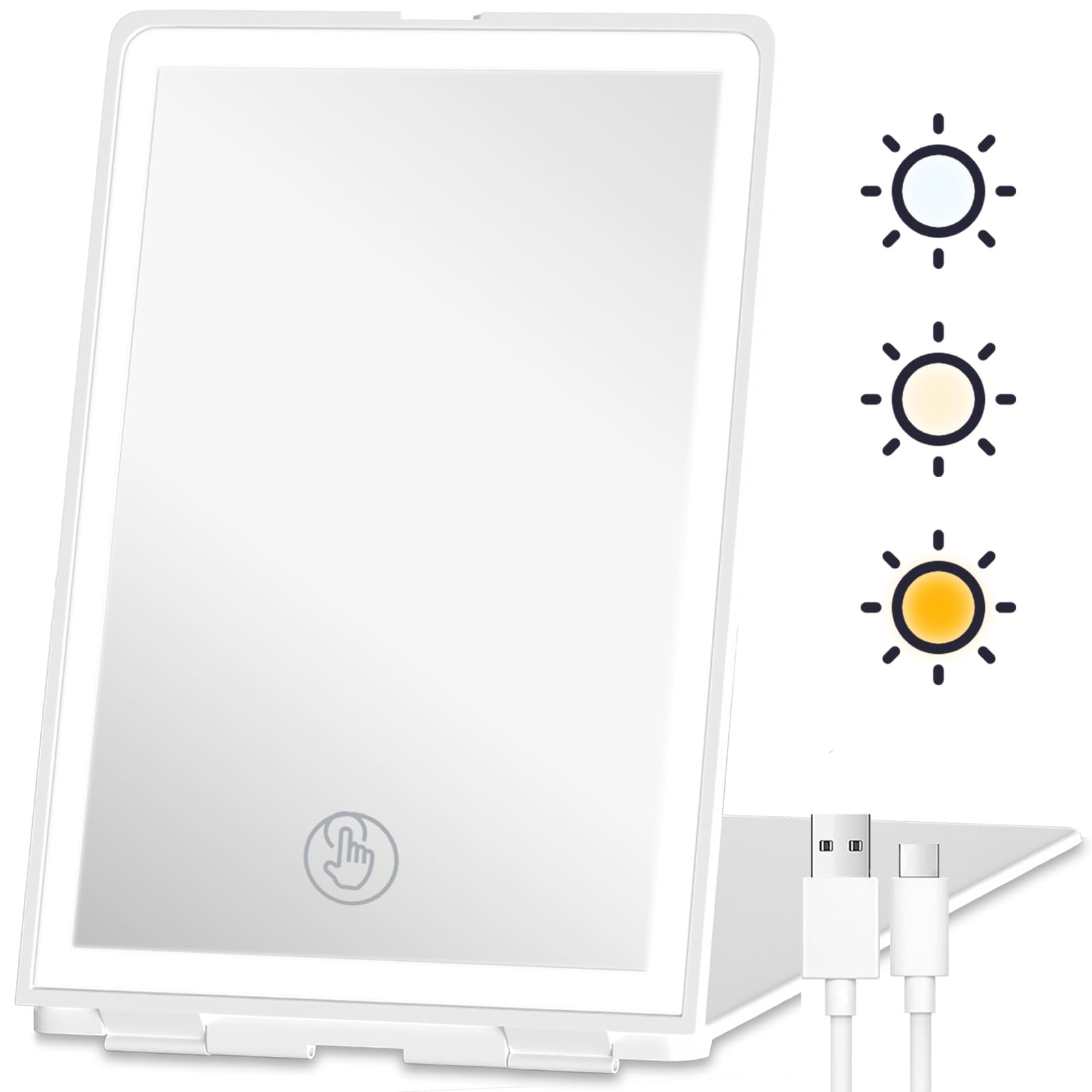White electronic device with touch sensor and USB cable on a white background