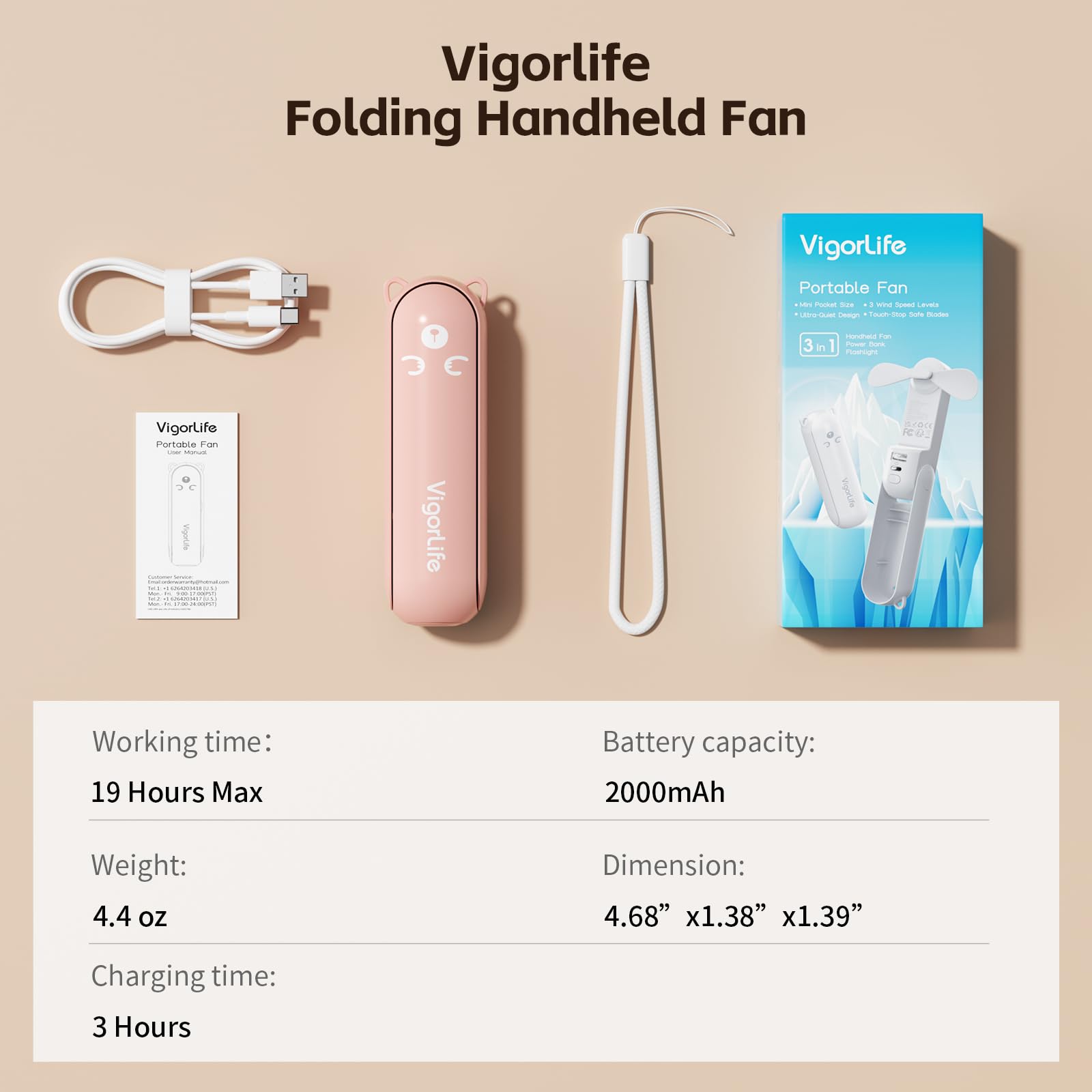 VigorLife Mini Handheld Fan,USB Rechargeable 3 IN 1