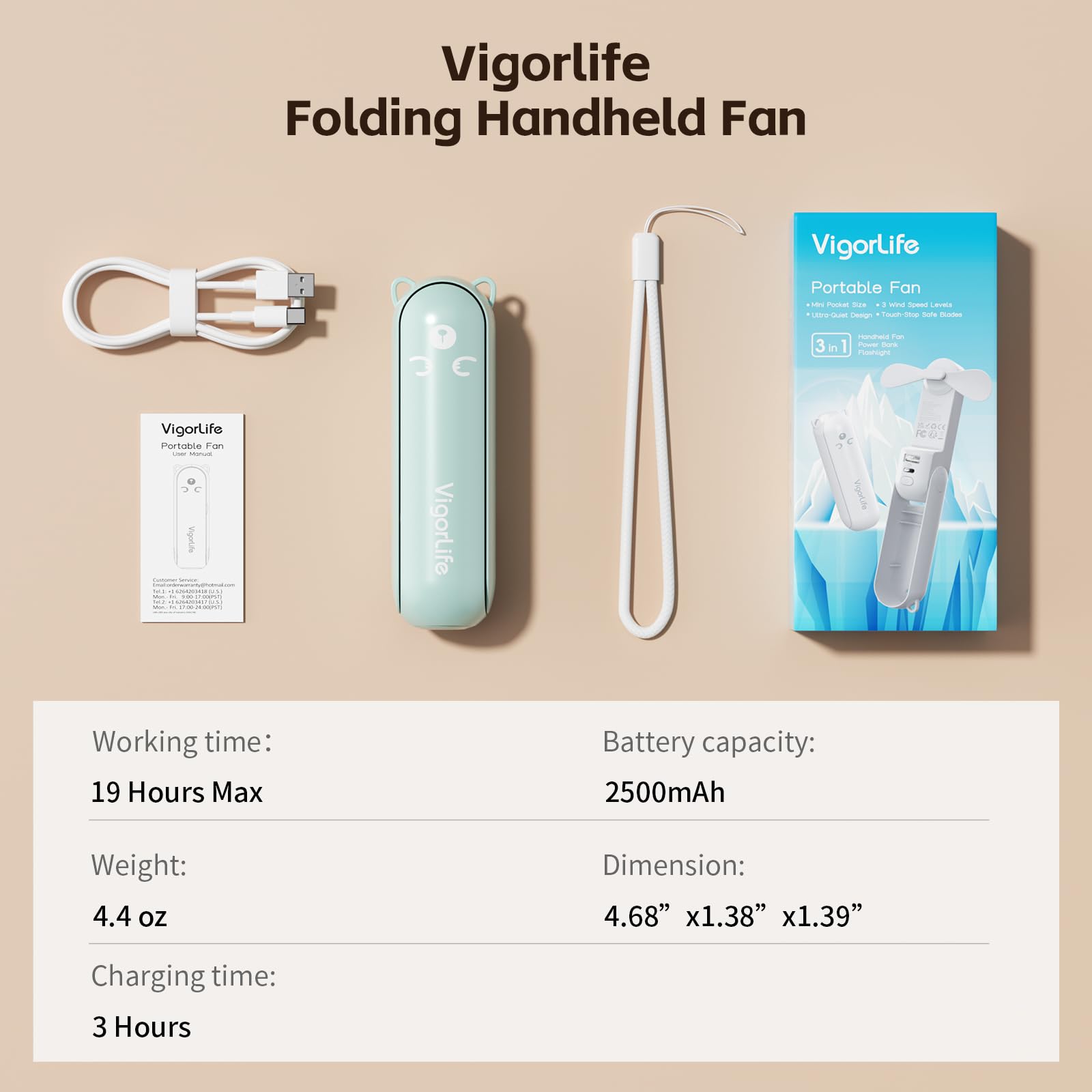 VigorLife Mini Handheld Fan,USB Rechargeable 3 IN 1