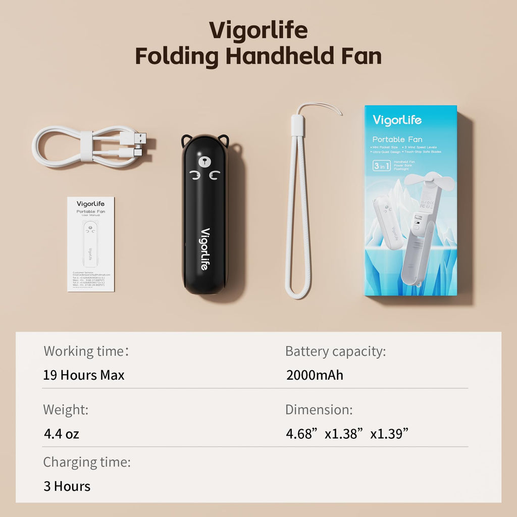 VigorLife Mini Handheld Fan,USB Rechargeable 3 IN 1