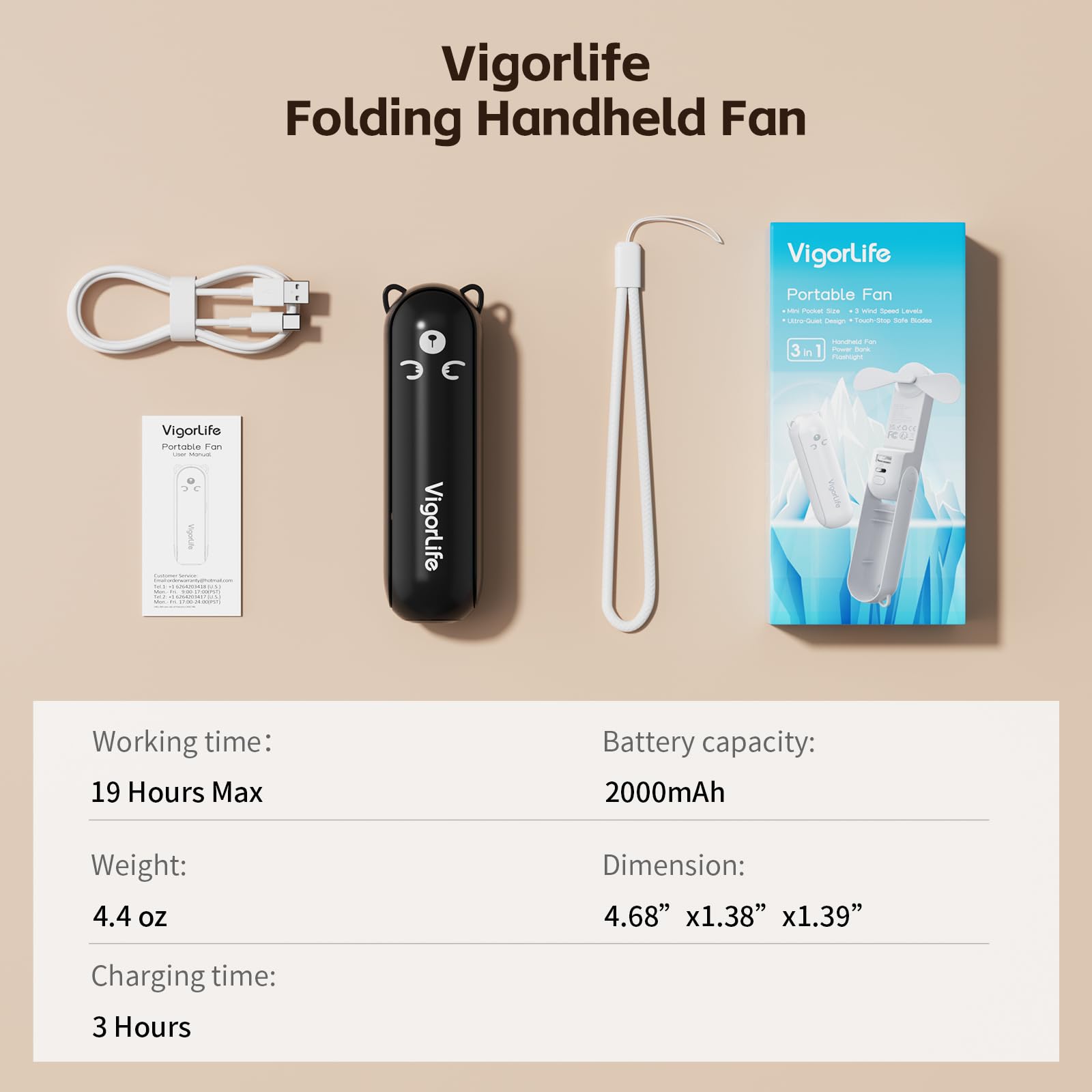 VigorLife Mini Handheld Fan,USB Rechargeable 3 IN 1