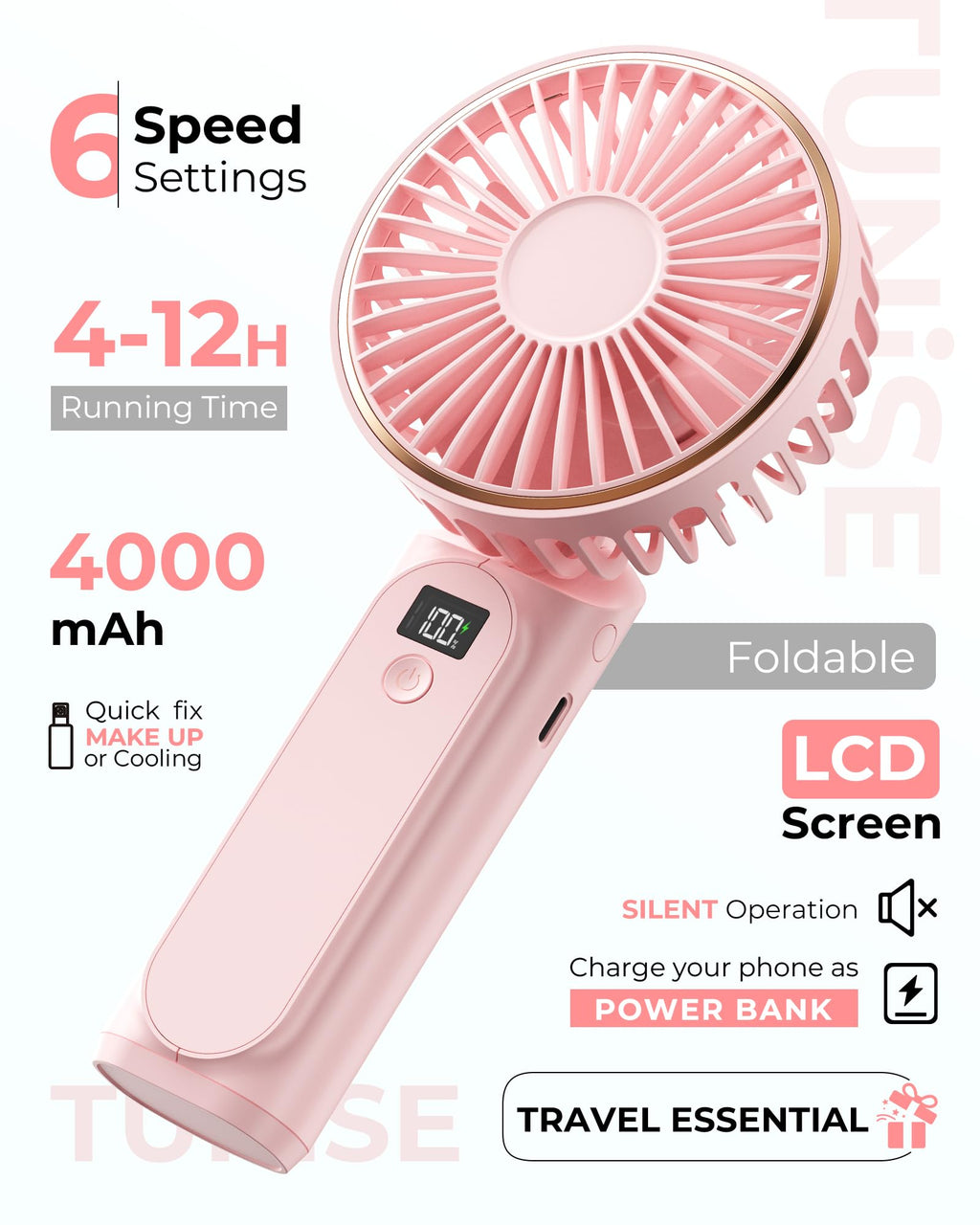 TUNISE Portable Handheld Fan, 4000mAh