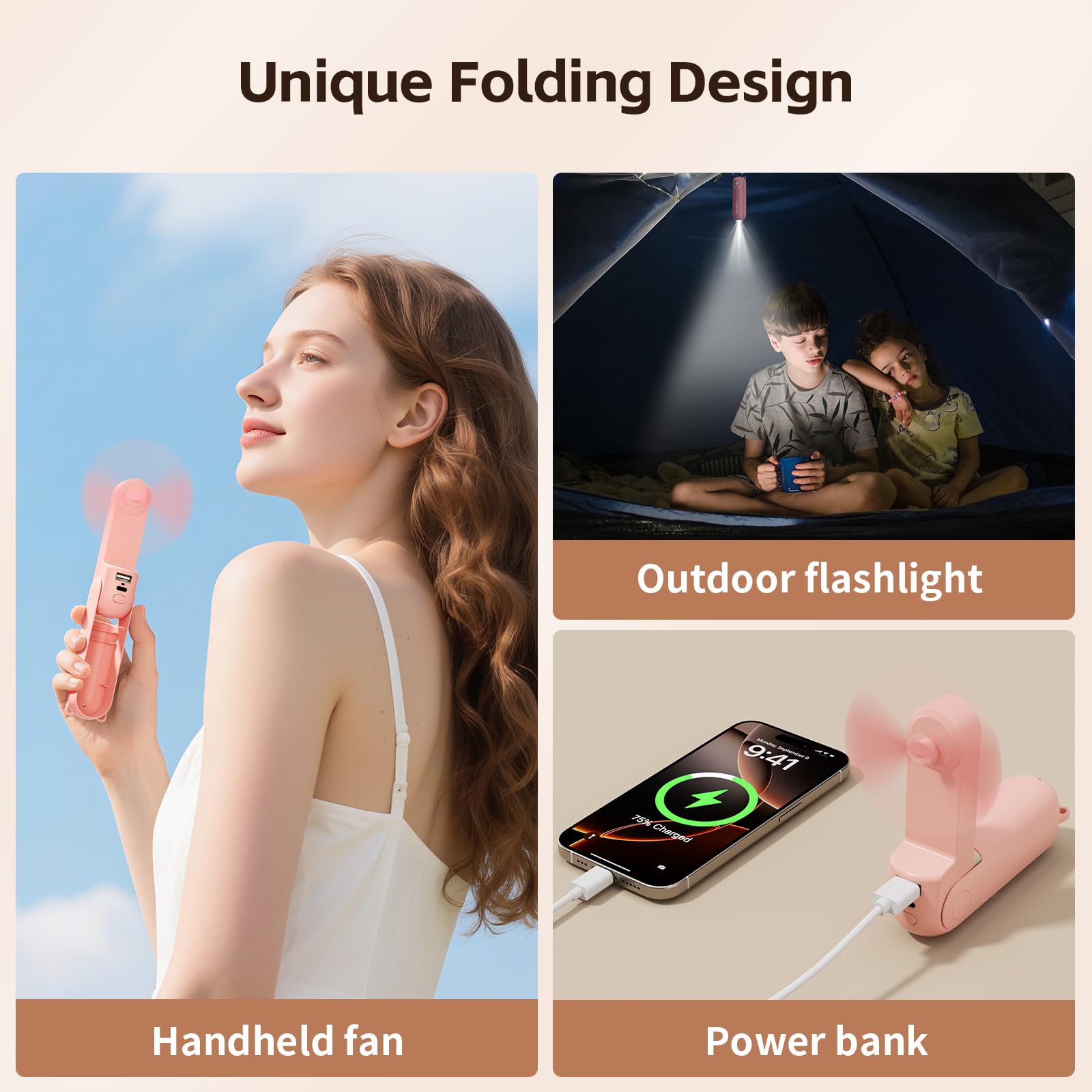 VigorLife Mini Handheld Fan,USB Rechargeable 3 IN 1