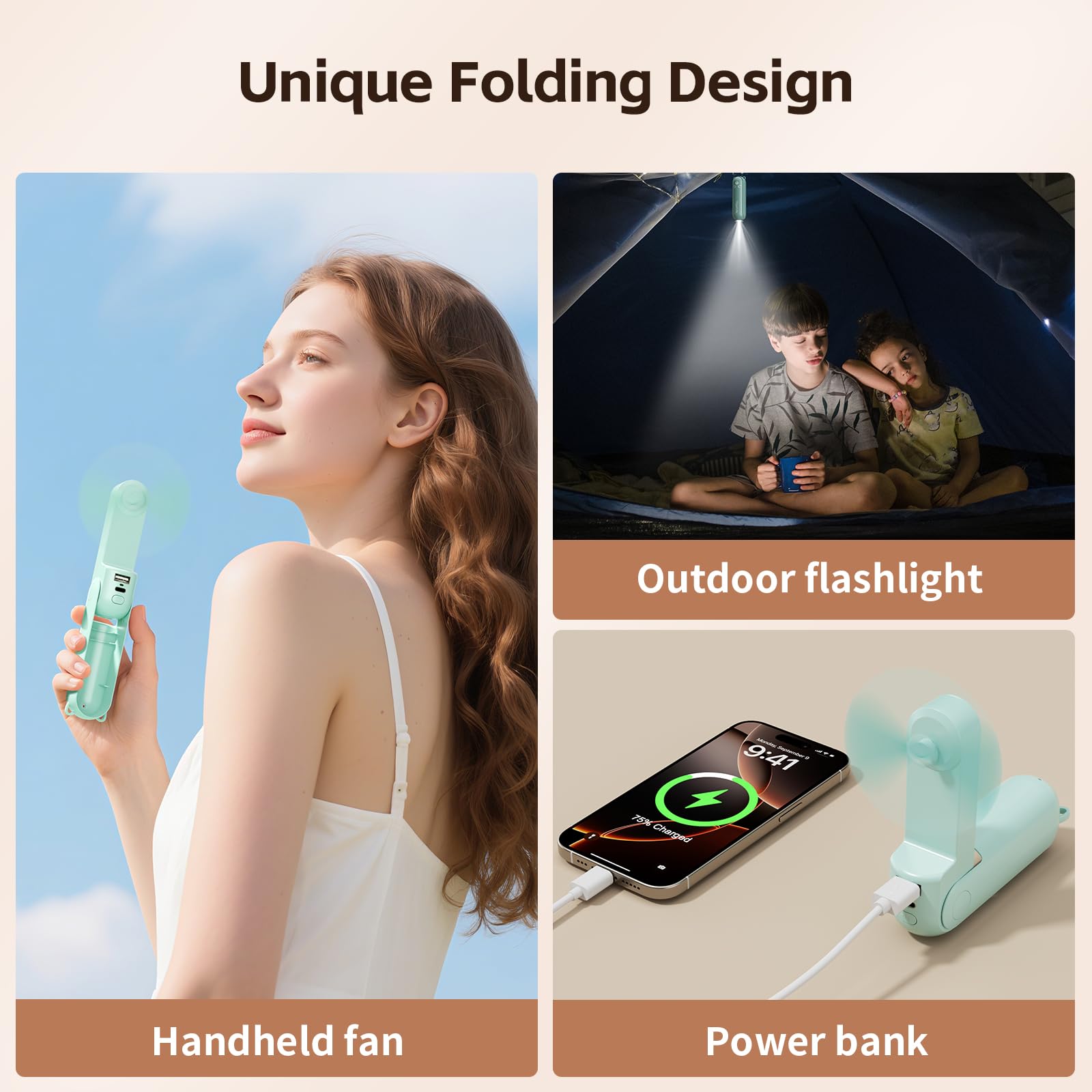 VigorLife Mini Handheld Fan,USB Rechargeable 3 IN 1